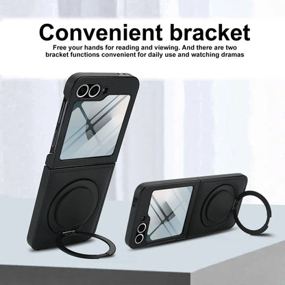 Z Flip 7 Leather Ring Case with Kickstand, Magnetic MagSafe, Tempered Glass Protector, Wireless Charging Compatible